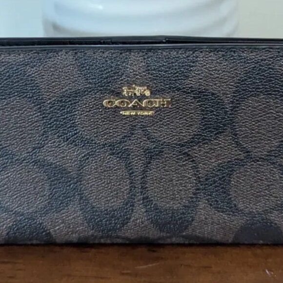 COACH DARK BROWN SLIM BIFOLD WALLET - Picture 1 of 4